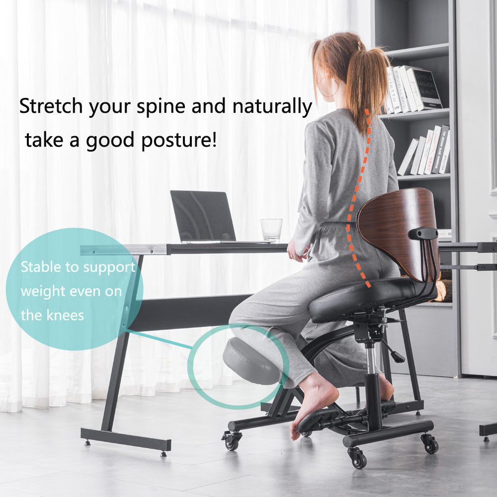 YOOMEMM Kneeling Chair,Ergonomic for Office with Wood Back Support,Walnut  Finish,Height and Angle Adjustable to Reduce Back Pain,Upright Sitting